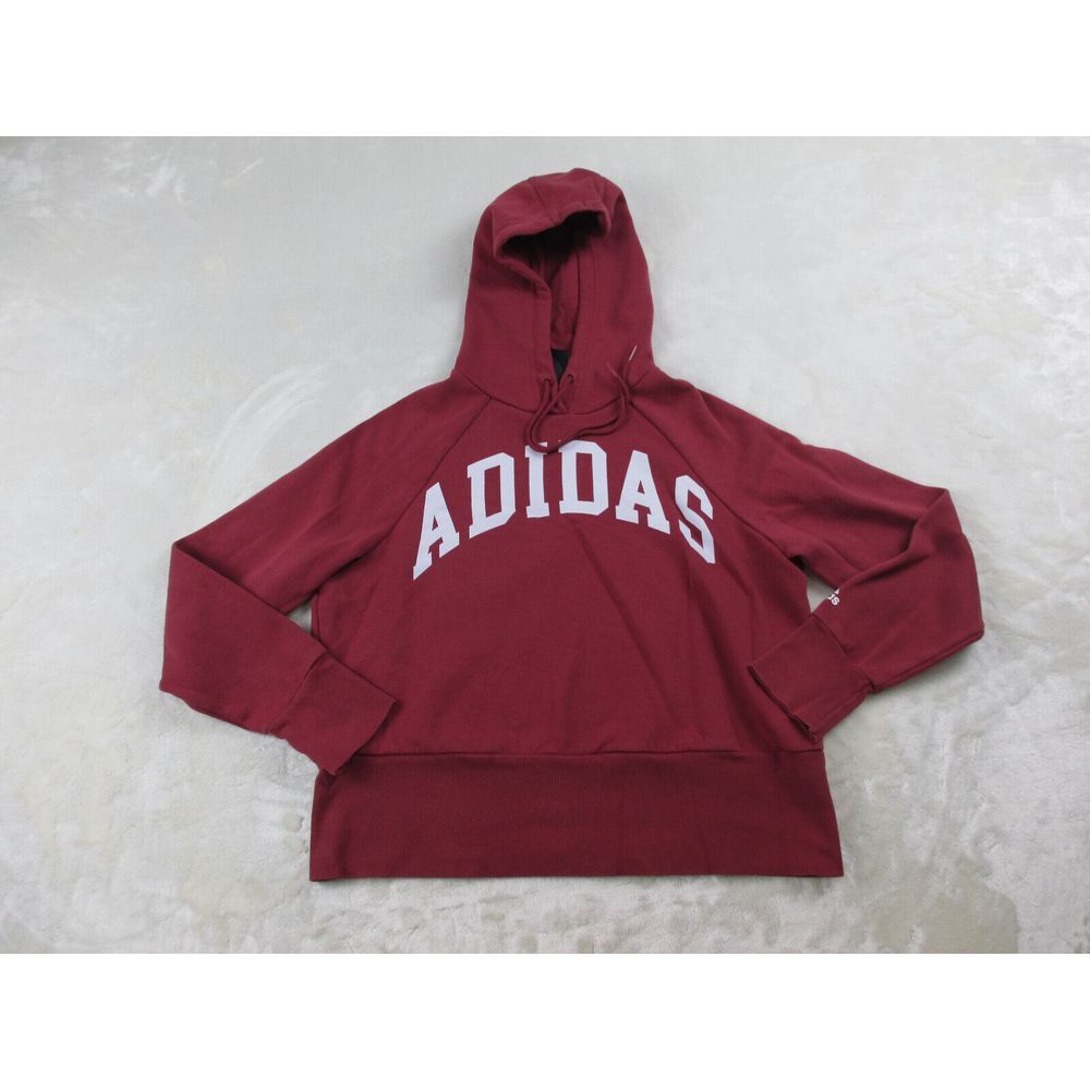 Adidas Sweater Womens Extra Small Red Spell Out Cropped Hoodie Pullover Ladies*